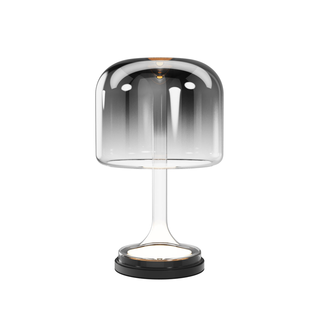 Maytoni Spirito Marble LED table lamp with a smoked gradient glass dome shade on a slim clear stem and black circular base, shown on a white background.