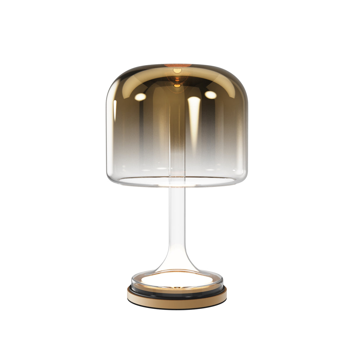 Maytoni Spirito Marble LED table lamp with gold-to-clear gradient glass shade on a slim clear stem and round gold base, shown on a white background.