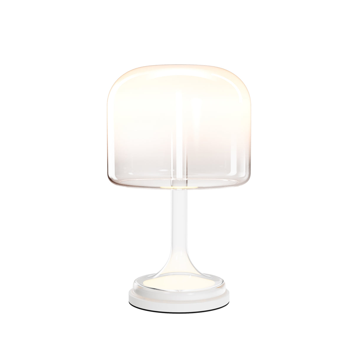 Maytoni Spirito white LED table lamp with rounded glass shade, illuminated acrylic stem, and round metal base on a plain white background.