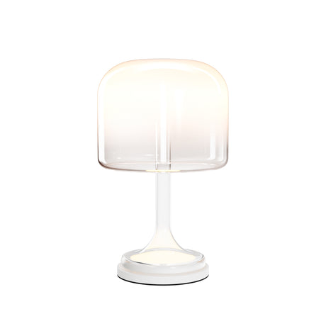 Maytoni Spirito 260mm LED table lamp in white with a rounded-square glass shade, lit acrylic stem, and round metal base on a plain white background.