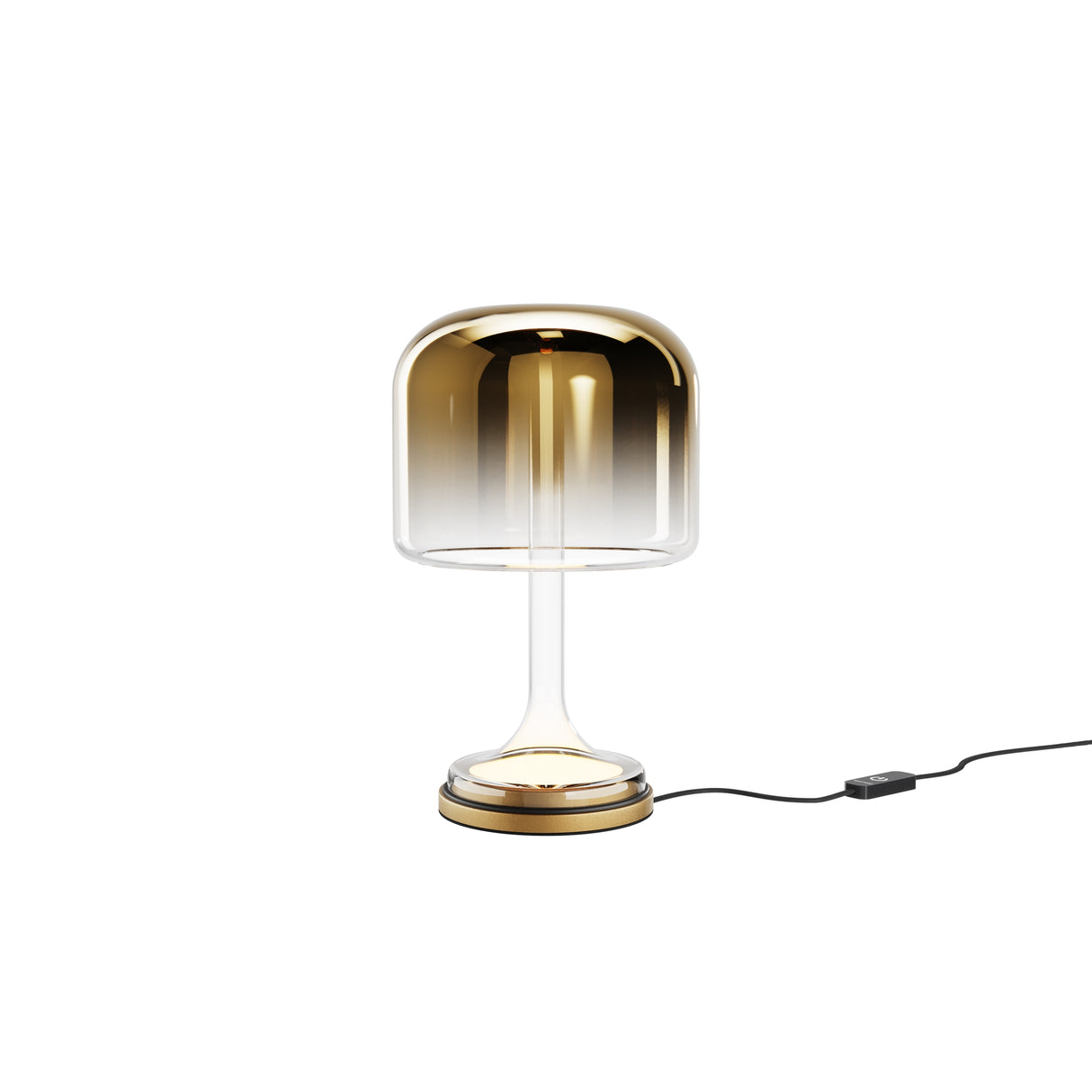 Maytoni Spirito 180mm LED table lamp with gradient gold-to-clear glass shade, clear stem and brushed gold base, with inline cable dimmer.