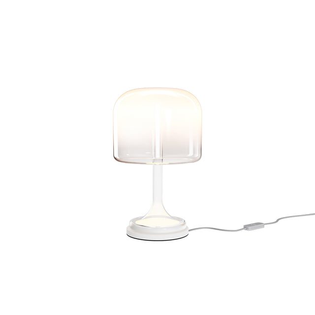 Maytoni Spirito 180mm LED table lamp with rounded frosted glass shade on a slim white metal stem and round base, inline cable switch, on white.