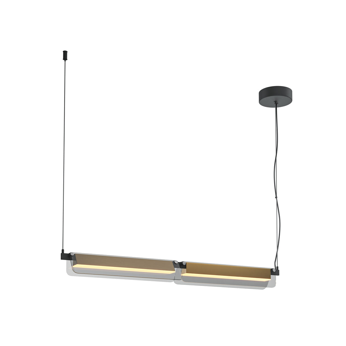 Maytoni Flat Ring LED pendant light with a slim horizontal bar, frosted diffuser and black metal canopy on adjustable cables, shown on a white background.