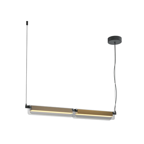 Maytoni Flat Ring LED pendant light with a slim horizontal bar, frosted diffuser and black metal canopy on adjustable cables, shown on a white background.