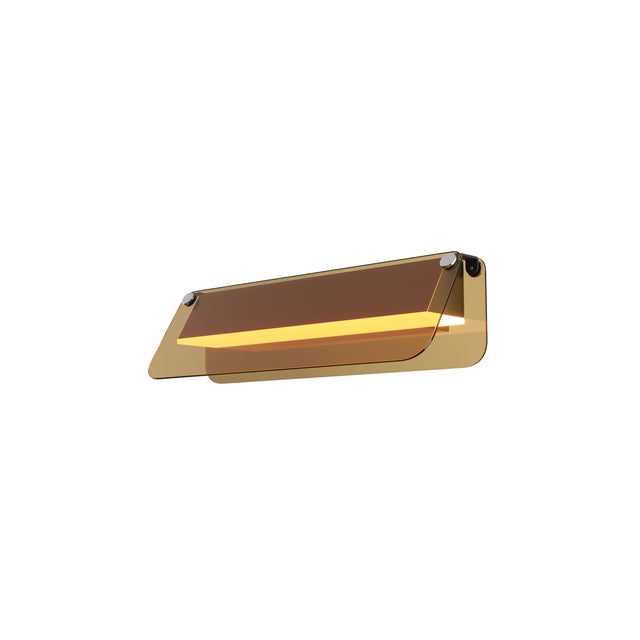 Maytoni Flat Ring LED wall light in black metal with amber-toned glass panels and a warm white linear diffuser, shown on a plain white background.