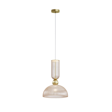 Maytoni Antic pendant light with ribbed amber glass dome, cylindrical fluted stem and satin gold spherical collar and canopy on white.
