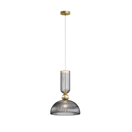 Maytoni Antic Smoke Glass Pendant Light in gold with ribbed smoke glass cylinder, brass sphere accent and fluted dome shade on a white background.