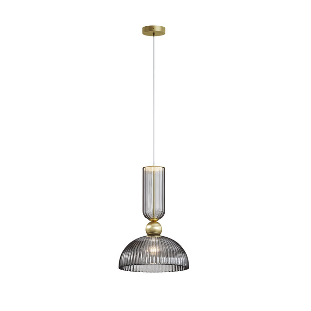 Maytoni Antic Smoke Glass Pendant Light in gold with ribbed smoke glass cylinder, brass sphere accent and fluted dome shade on a white background.