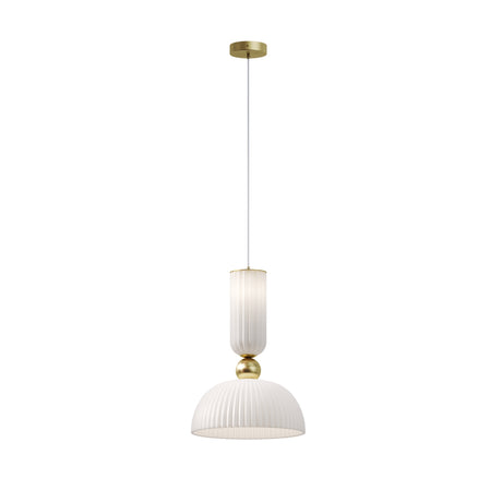Maytoni Antic Opal Glass LED Pendant Light in satin gold with fluted white glass column, gold sphere, and ribbed dome shade on white.