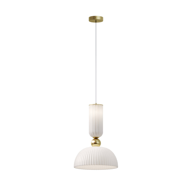 Maytoni Antic Opal Glass Pendant Light in satin gold with fluted white glass column, gold sphere, and ribbed dome shade on a white background.