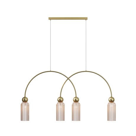 Maytoni Antic 4 Light pendant with ribbed amber glass cylinder shades on intersecting gold arched frames and brass spheres, on a white background.