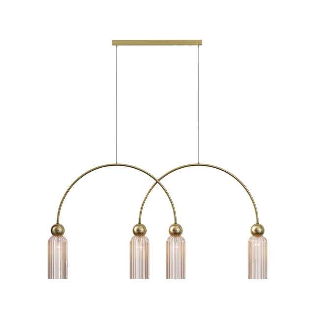 Maytoni Antic 4 Light pendant with ribbed amber glass cylinder shades on intersecting gold arched frames and brass spheres, on a white background.