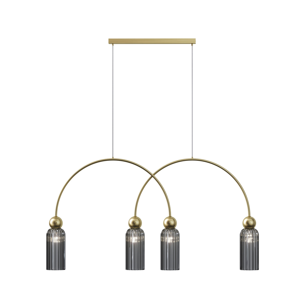 Maytoni Antic 4 light pendant with two intersecting gold brass arcs and ribbed smoke glass shades on brass spheres, on a white background.