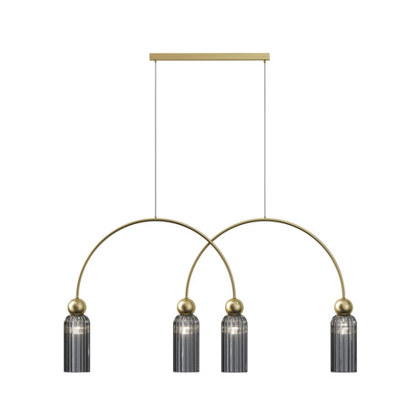 Maytoni Antic 4 light LED pendant with two intersecting gold brass arcs and ribbed smoke glass shades on brass spheres, on a white background.