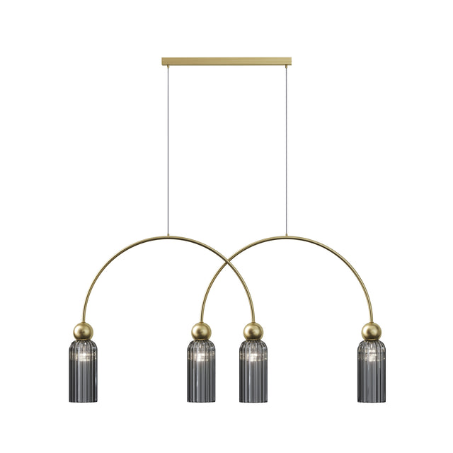 Maytoni Antic 4 light pendant with two intersecting gold brass arcs and ribbed smoke glass shades on brass spheres, on a white background.