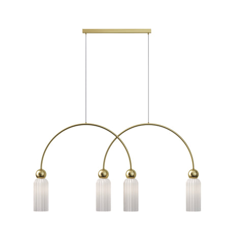 Maytoni Antic 4 light pendant with twin gold arched frames, brass spheres and fluted opal glass cylinder shades on a plain white background.