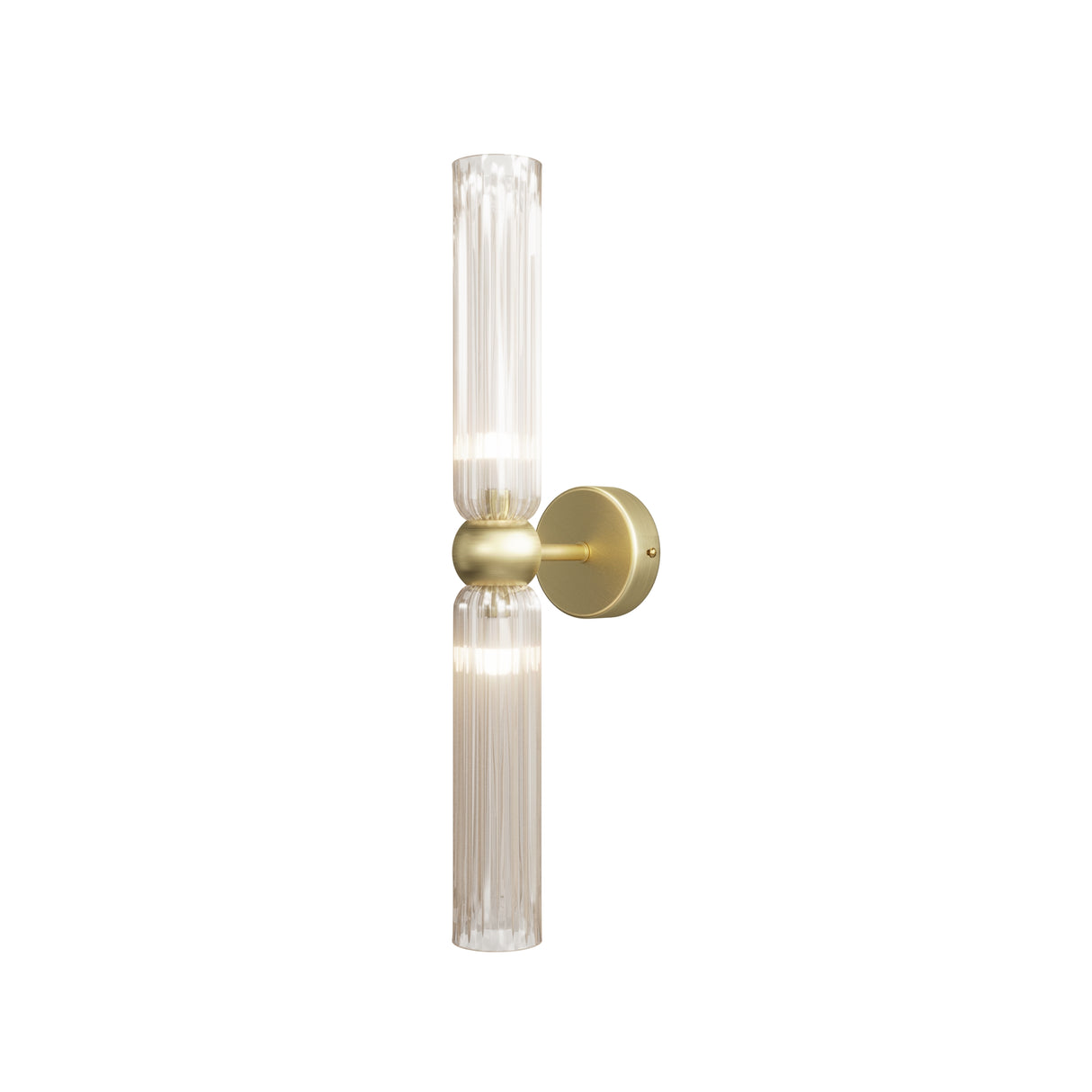Maytoni Antic 2 light wall sconce with vertical fluted glass tubes and brushed gold central mount on a circular backplate, shown on white.