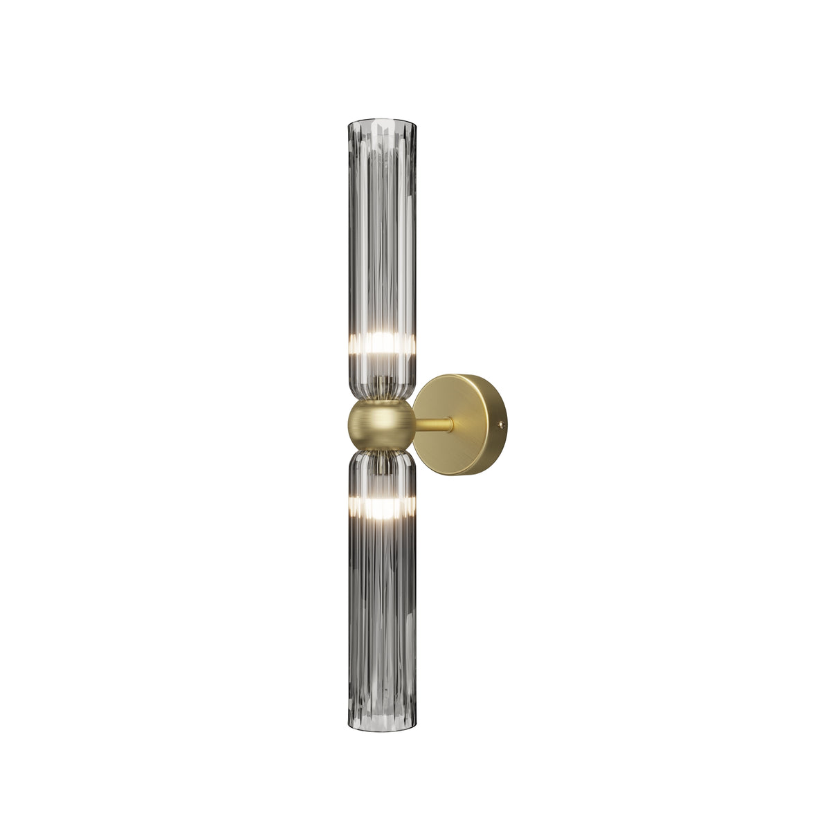 Maytoni Antic 2 light wall sconce with vertical ribbed smoke glass cylinders on a brushed gold sphere and circular backplate.