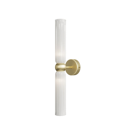 Maytoni Antic 2 light wall sconce with ribbed opal glass cylinders above and below a brushed gold sphere on a round backplate, on white.