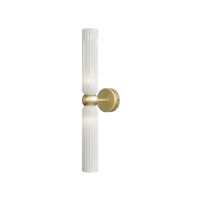 Maytoni Antic 2 light wall sconce with ribbed opal glass cylinders above and below a brushed gold sphere on a round backplate, on white.