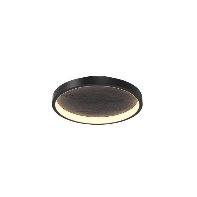 Maytoni Orign 405mm LED ceiling light with a circular black metal housing, textured dark inner disc, and warm white edge glow on a white background.