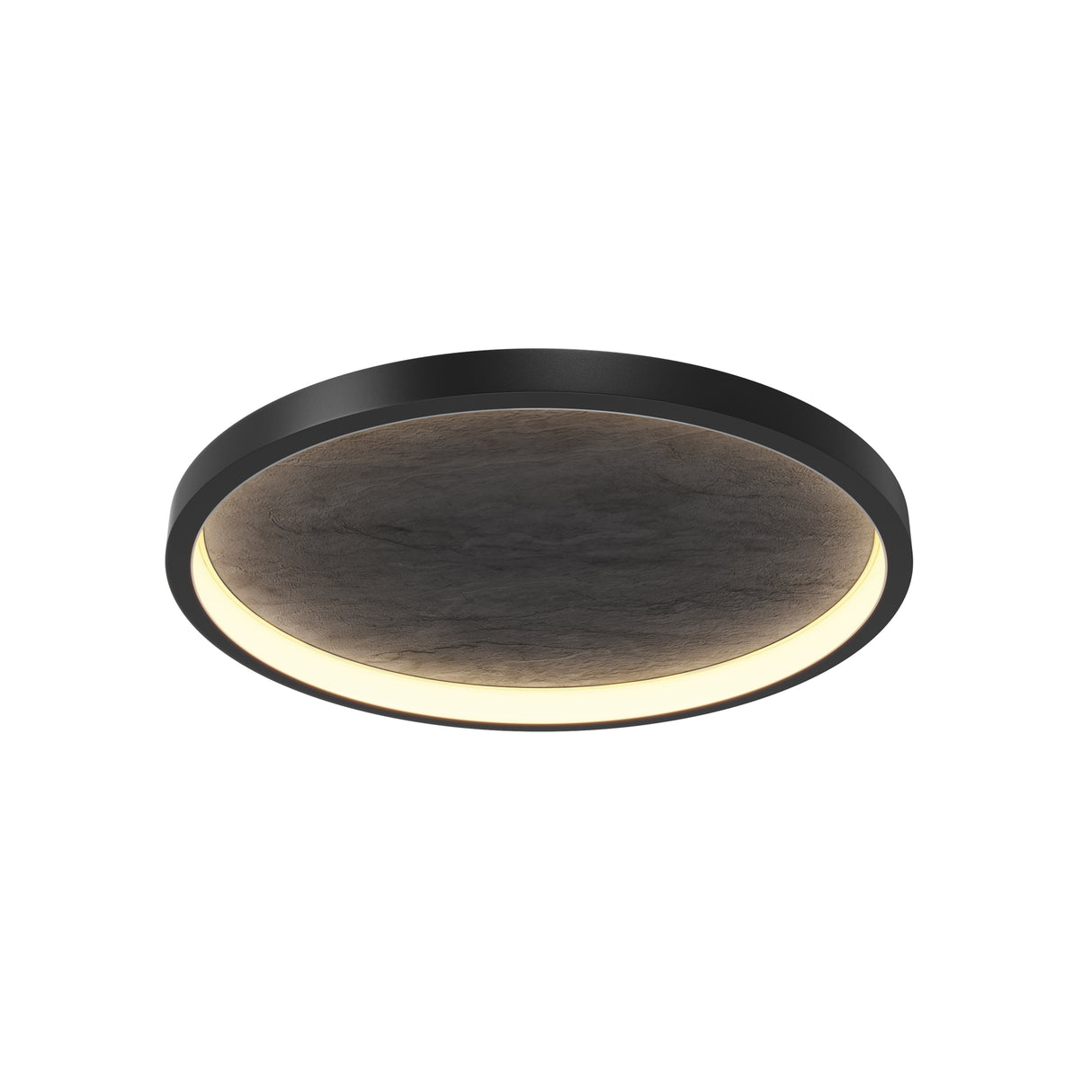 Maytoni Orign 595mm flush-mount LED ceiling light with black metal ring frame and wood-effect disc diffuser, shown on a plain white background.
