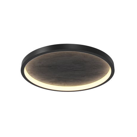 Maytoni Orign 595mm flush-mount LED ceiling light with black metal ring frame and wood-effect disc diffuser, shown on a plain white background.
