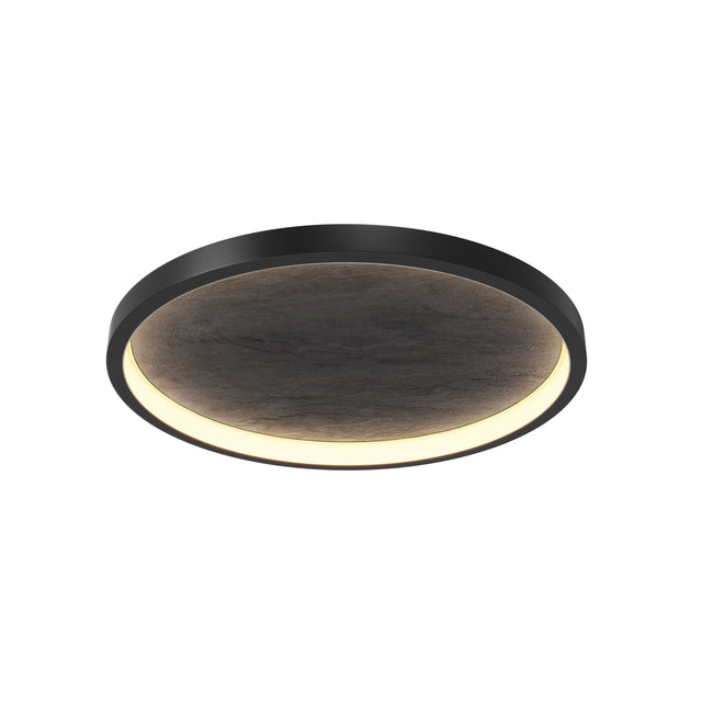 Maytoni Orign 595mm flush-mount LED ceiling light with black metal ring frame and wood-effect disc diffuser, shown on a plain white background.