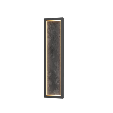 Maytoni Orign 607mm LED wall light with a tall rectangular black metal frame, textured slate-effect inner panel, and warm halo edge glow.
