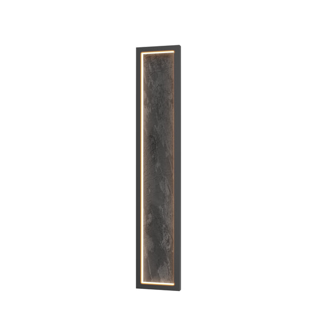 Maytoni Orign 807mm LED wall light with a tall slate-effect textured panel in a black metal frame, edge-lit with warm white light, on a white background.