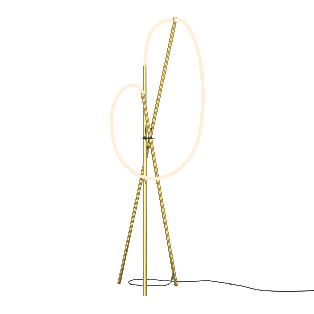 Maytoni Crochet Ring LED floor lamp in brass with two asymmetric illuminated hoops on a three-leg tripod base, shown on a plain white background.