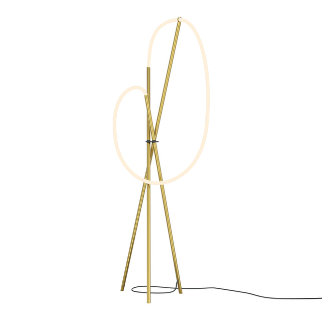 Maytoni Crochet Ring LED floor lamp in brass with two asymmetric illuminated hoops on a three-leg tripod base, shown on a plain white background.