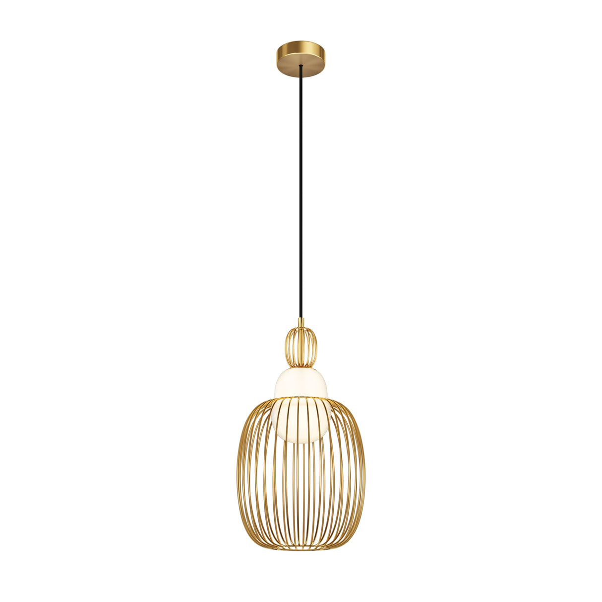 Maytoni Levitation pendant light with brass wirework cage surrounding an opal glass sphere, suspended on a black cable from a brass ceiling rose.