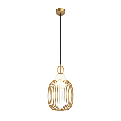 Maytoni Levitation pendant light with brass wirework cage surrounding an opal glass sphere, suspended on a black cable from a brass ceiling rose.