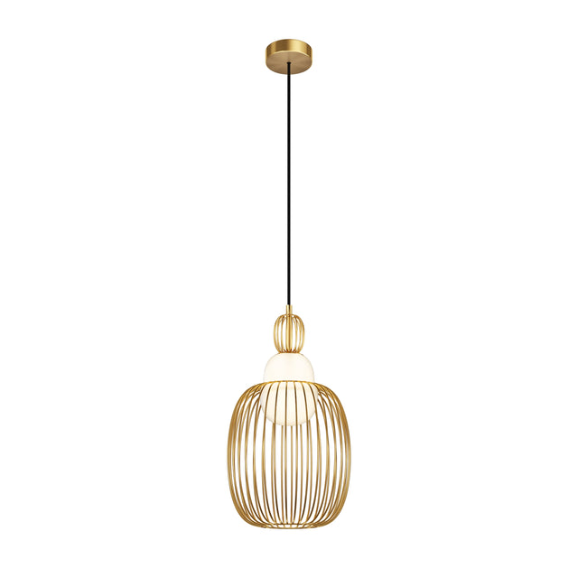 Maytoni Levitation pendant light with brass wirework cage surrounding an opal glass sphere, suspended on a black cable from a brass ceiling rose.