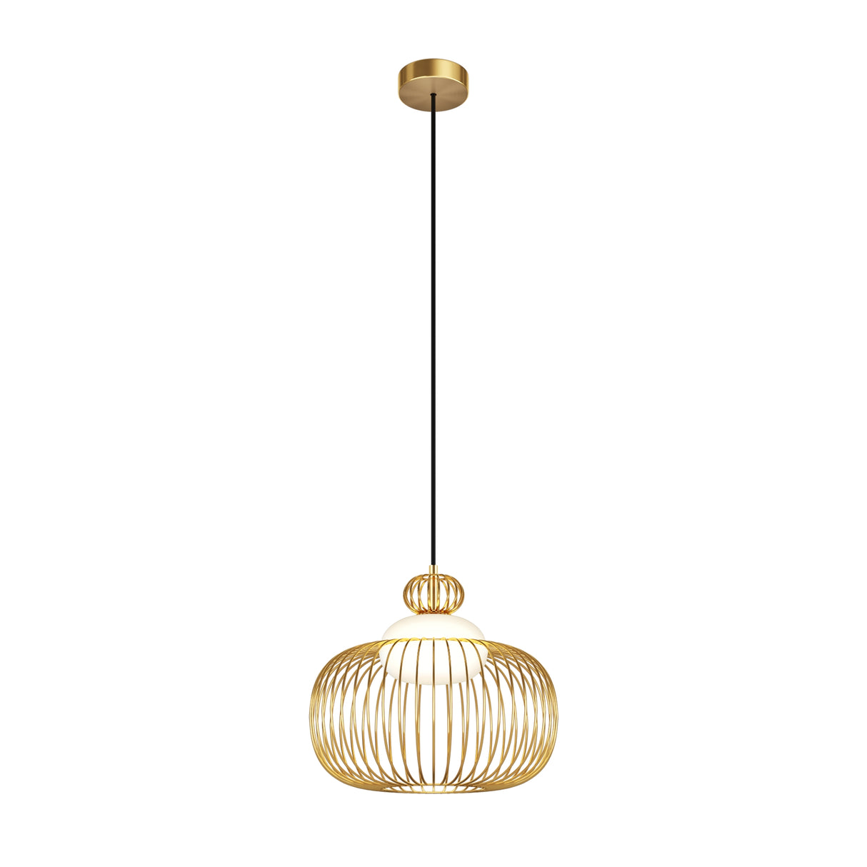 Maytoni Levitation 345mm pendant light with bulbous brass wire cage shade, white opal glass diffuser, and black fabric cable on a white background.