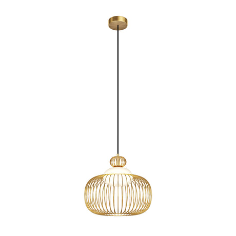 Maytoni Levitation 345mm pendant light with bulbous brass wire cage shade, white opal glass diffuser, and black fabric cable on a white background.