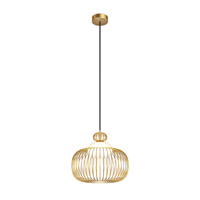 Maytoni Levitation 345mm pendant light with bulbous brass wire cage shade, white opal glass diffuser, and black fabric cable on a white background.