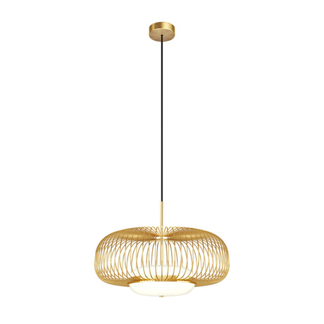 Maytoni Levitation 500mm LED pendant with brass wire cage shade, white glass diffuser, and black cable from a brass ceiling canopy.