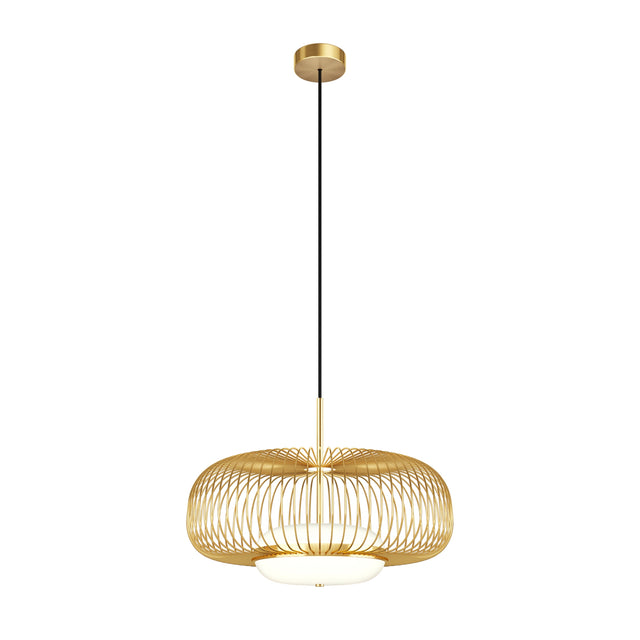 Maytoni Levitation LED pendant light with brass wire cage shade, white glass diffuser, and black cable suspended from a brass ceiling canopy.