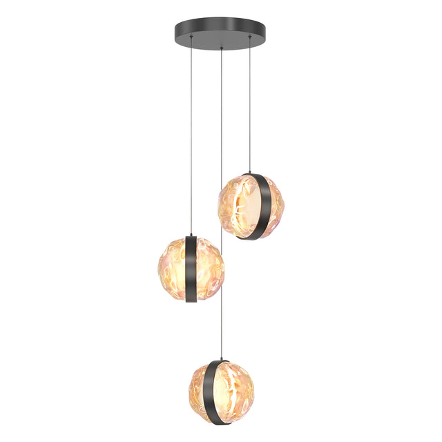 Maytoni Misterio cluster pendant with three amber textured glass spheres in black metal bands, hung at staggered heights from a circular canopy.