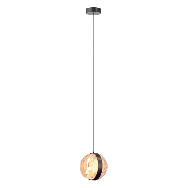 Maytoni Misterio Ring LED pendant light with a faceted amber glass sphere shade encircled by a matt black metal ring, suspended on a slim cable.