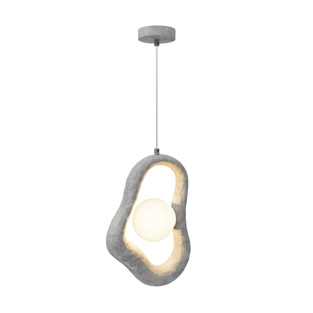 Maytoni Opus Concrete Pendant Light in grey with an irregular free-form metal loop cradling a frosted glass sphere, suspended on a wire cable.