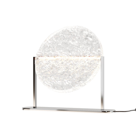 Maytoni Mangata LED table lamp with an ice-textured acrylic sphere set between polished chrome uprights on an oval base, shown lit on a white background.