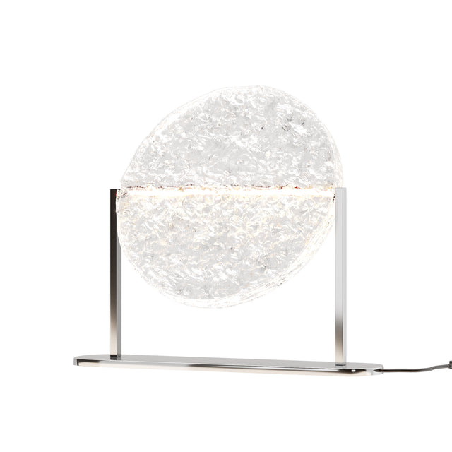Maytoni Mangata Ring LED table lamp with an ice-textured acrylic sphere set within a polished chrome frame, shown lit on a white background.