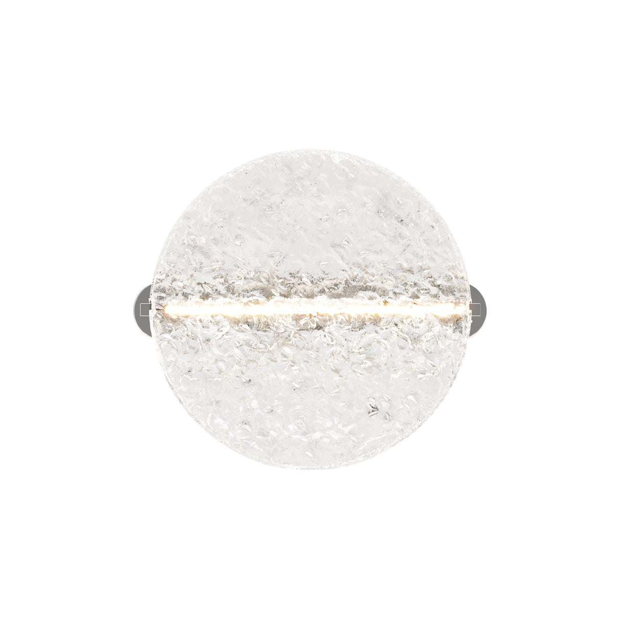 Maytoni Mangata LED wall light with a crackle-textured clear glass sphere held by polished chrome arms, illuminated by a central horizontal LED strip.