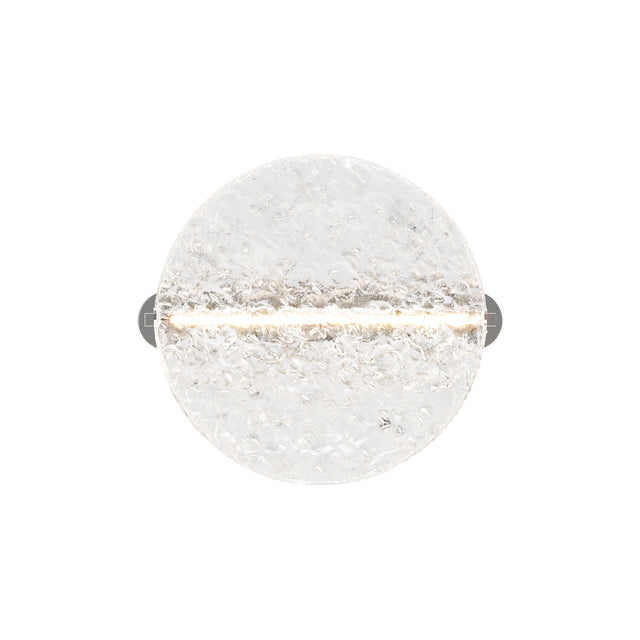Maytoni Mangata LED wall light with a crackle-textured clear glass sphere held by polished chrome arms, illuminated by a central horizontal LED strip.