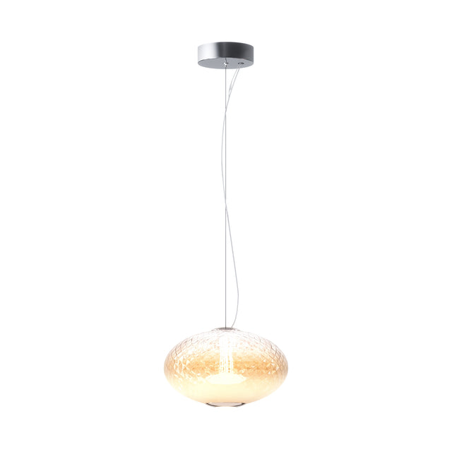 Maytoni Bruma 300mm LED pendant light with a flattened textured amber glass shade, chrome canopy and suspension cable, on a white background.