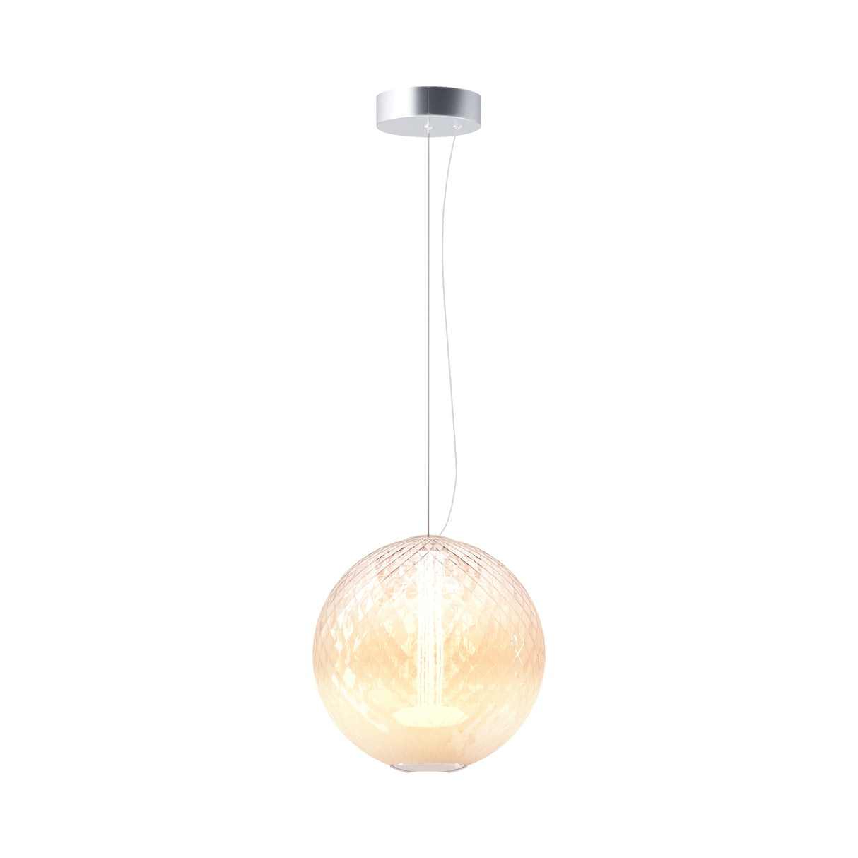 Maytoni Bruma Ring LED pendant light with a textured glass globe illuminated warm white, suspended by twin clear cables from a chrome canopy.
