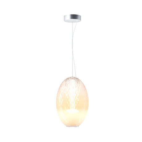 Maytoni Bruma 250mm LED pendant light with an egg-shaped amber and cream textured glass diffuser suspended from a chrome canopy on a plain white background.